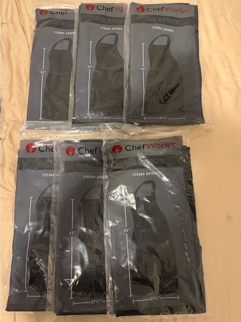 🆕 LOT OF 6 Chef Works Black Basic Bib Aprons NWT Item# APKBL